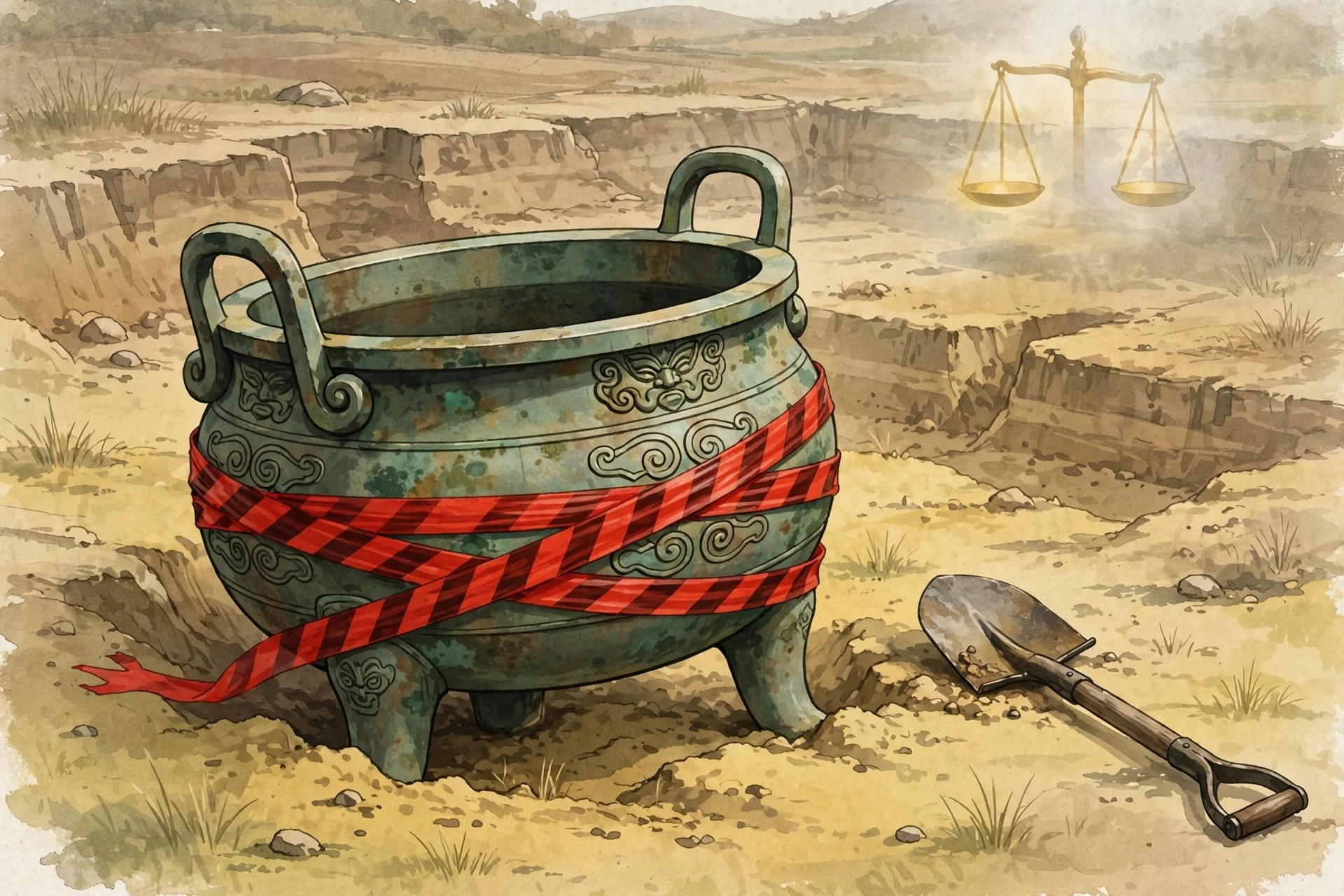 青铜鼎缠绕红色警戒线概念插画:地下文物归属与文物犯罪的法律边界