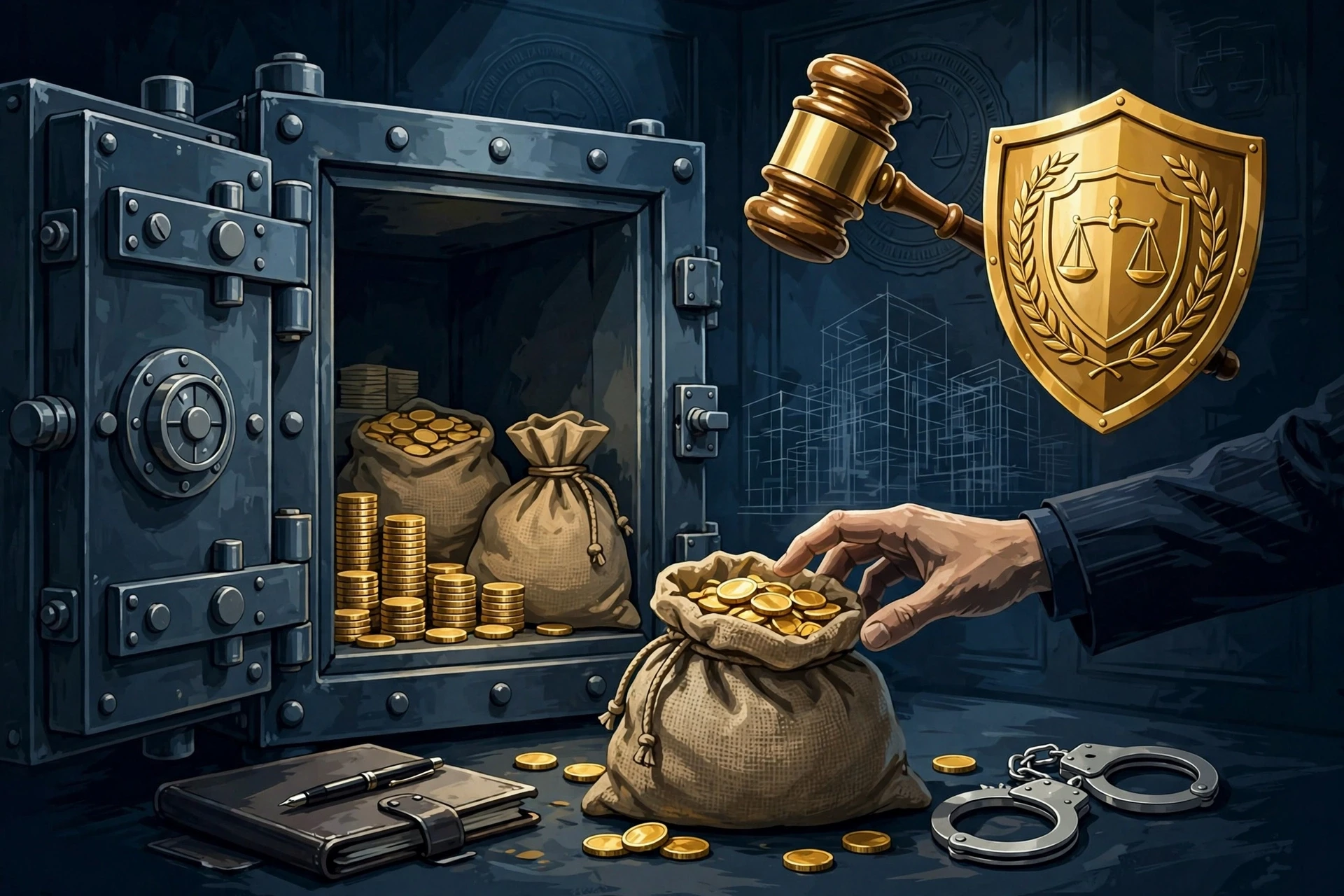 职务侵占罪：悄悄伸向公司保险库和钱袋的手，身旁是金色法槌盾牌与手铐