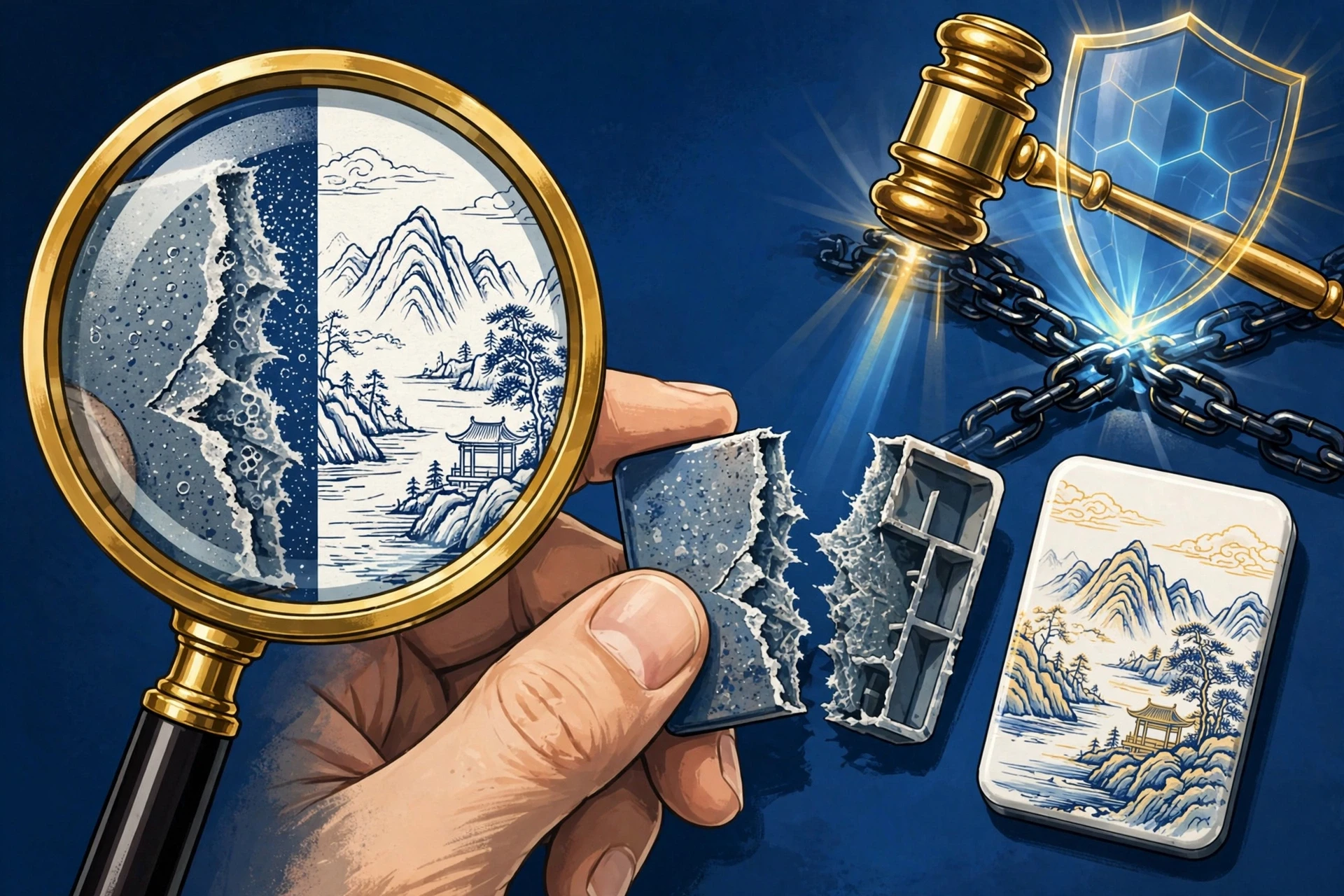 山寨文创冰箱贴案概念插画：放大镜对比正版与仿品、金色法槌与法律护盾压断造假锁链