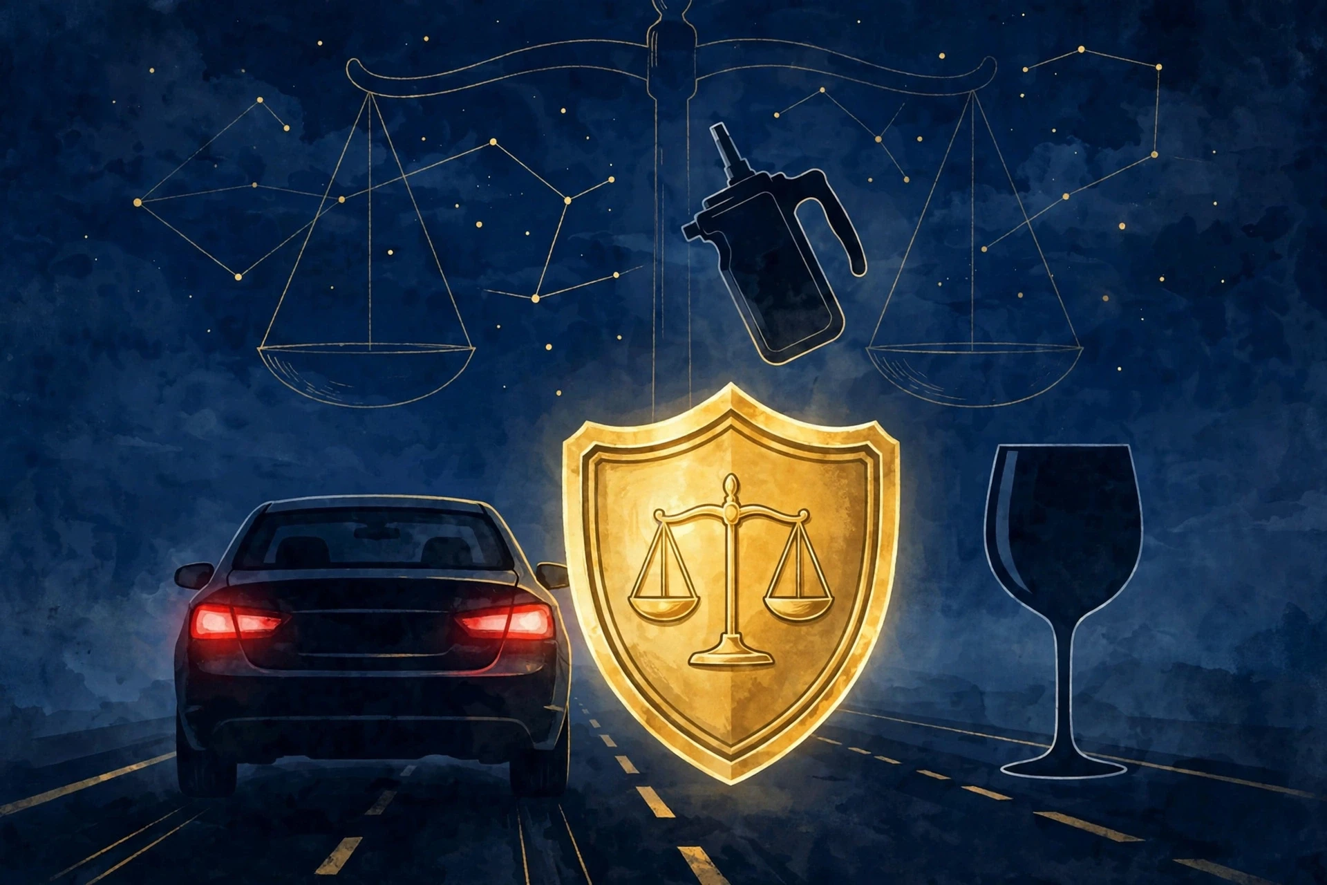 午夜高速上亮起刹车灯的汽车、酒精呼气检测仪与金色法律盾牌，危险驾驶罪主题概念插画